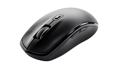 Close up of a sleek black wireless computer mouse on black