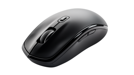 Close up of a sleek black wireless computer mouse on black