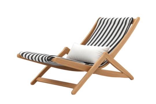 A Stylish Striped Beach Lounger Inviting Relaxation On A Sunny Day With Light Oak Wood And Comfortable Cushioning Isolated on Transparent Background