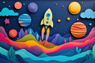 Colorful layered paper cut space artwork featuring planets, stars, and a vibrant rocket ship against a cosmic backdrop Generative AI