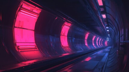 Futuristic hyperloop tunnel illuminated with vibrant pink and blue neon lights