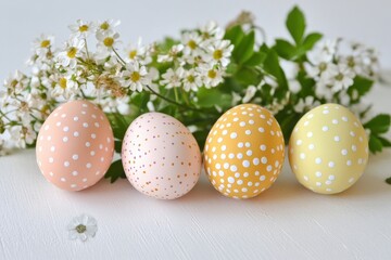 Fototapeta premium Easter Egg Serenade: Pastel-colored, dotted Easter eggs arranged in an elegant display alongside delicate spring blossoms, a symbol of the season's renewal and joyful celebration.