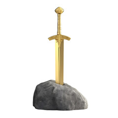 Golden Sword Firmly Lodged in Stone Symbolizing Power and Destiny, Mythology and Fantasy Concept