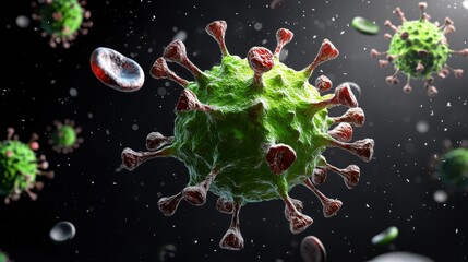 A microscopic artistic rende depicts a vibrant green virus particle in dynamic motion swirling amidst red blood cells and a dark background illustrating infectious disease.