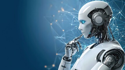 Fototapeta premium Futuristic Robot Deep in Thought with Digital Network Background