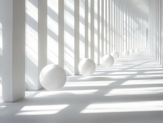 Symmetry and Light: A modern architectural marvel features a bright hallway, where clean lines of walls meet the dynamic play of light and shadow.