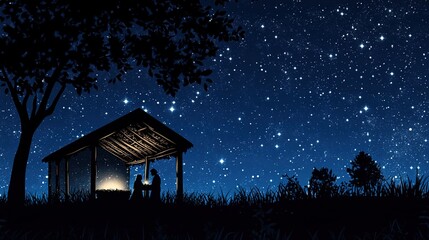 Obraz premium The Nativity. Silhouette of the Holy Family in the stable during the starry night. Digital illustration.