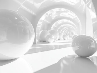 Geometric Harmony: An abstract, modern hallway design is shown in high resolution with a futuristic and sleek aesthetic, The space is bathed in soft light.