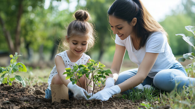 Planting a Tree: A touching image of a mother and child planting a tree together in a garden, symbolizing growth, family and love