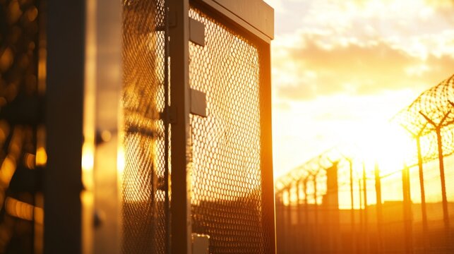 A close-up view of a prison gate swinging open, with a blurred backdrop of barbed wire fences, embodying the themes of freedom, liberation, and new beginnings.