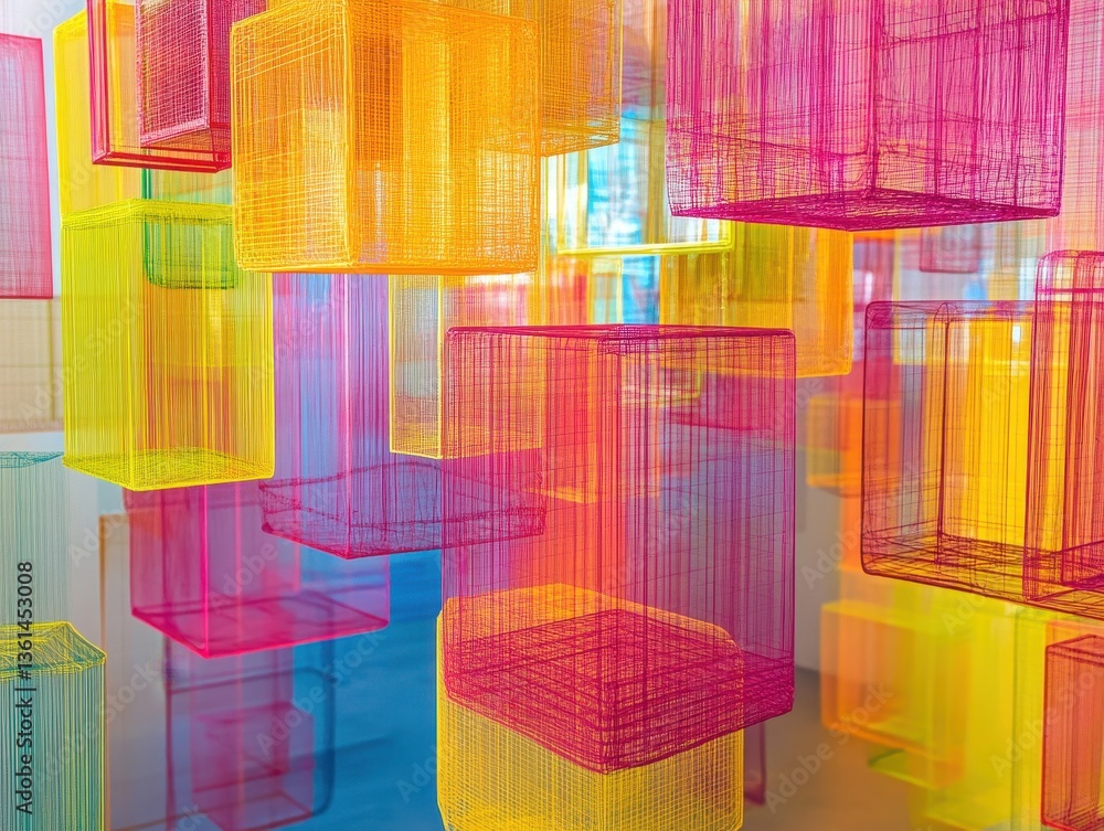 Poster vibrant cubes: a striking display of colorful, geometric cubes hanging in a modern art installation,