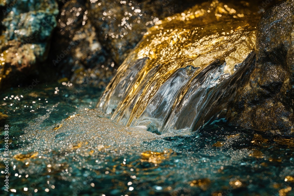 Poster golden sunlight illuminates a cascading waterfall, creating a mesmerizing, sparkling stream.