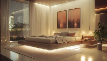 Fototapeta premium A chic master bedroom with a floating bed, soft ambient lighting, and modern artwork