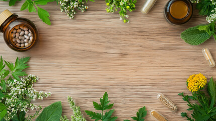 Botanical Wellness: An overhead shot unveils a natural wooden surface adorned with an artful arrangement of verdant plants and vials, evoking the essence of holistic well-being and organic remedies.