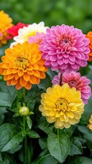A vibrant and joyful bouquet of colorful dahlias bursts with bright orange, pink, yellow, and white blooms, showcasing their lush petals and cheerful energy in a stunning floral