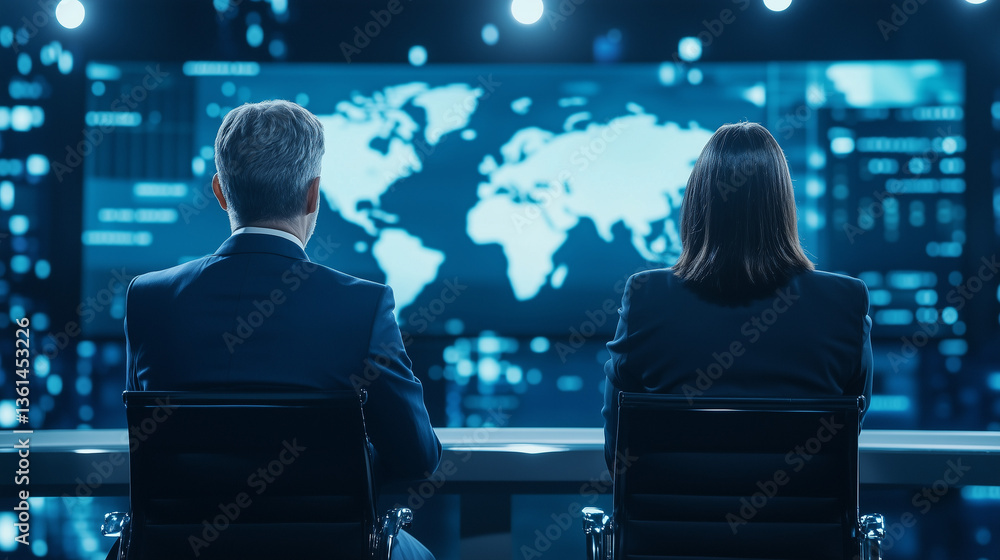 Poster global insights: two individuals analyze the world map, fostering the atmosphere of observation and 