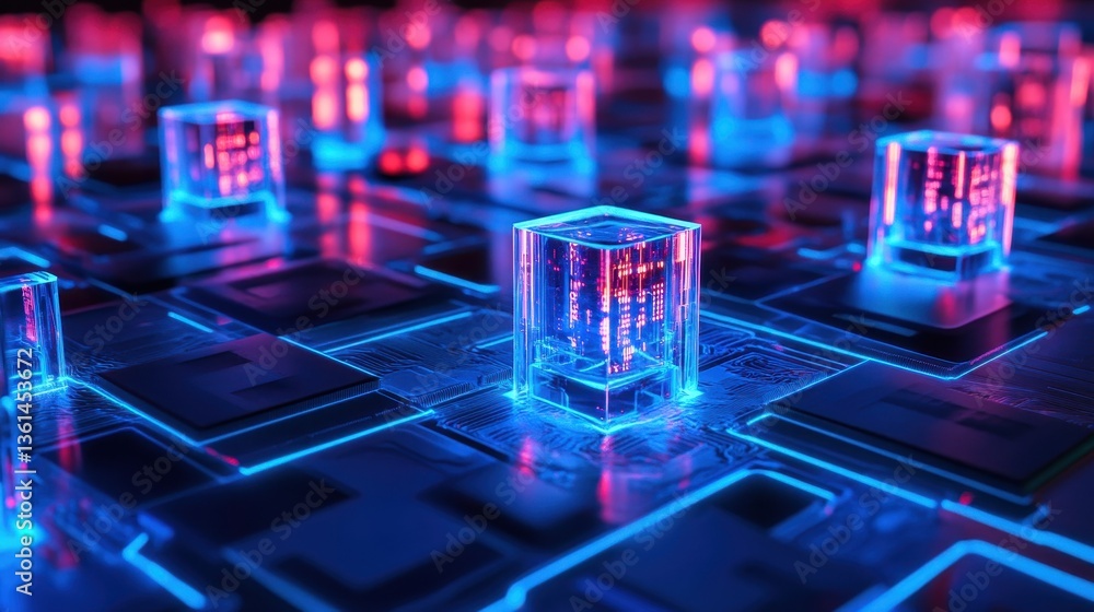 Poster digital cubes in neon glow: a stunning visual of transparent digital cubes illuminated by a captivat