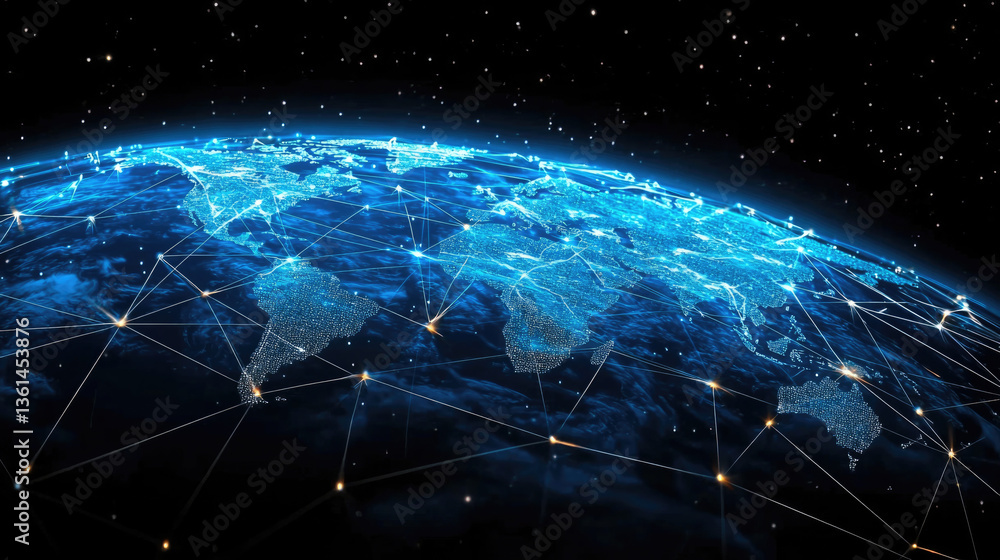 Aufkleber stunning digital representation of Earth showcasing network of connections across continents, symbolizing global communication and technology. vibrant blue lights illuminate map, creating sense