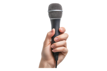Hand Holding Giving Microphone isolated on transparent background.