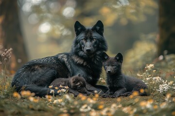 Naklejka premium Black wolf family resting in a tranquil forest environment during early morning light, A black wolf family is resting in the forest