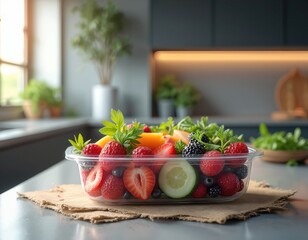 Transparent food container filled fresh berries, cucumber slices, herbs, set on kitchen countertop. Healthy eating concept. Organic salad composition, diet. Fresh fruit, vegetables.