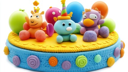 Fototapeta premium Colorful clay figures celebrating a birthday party on a vibrant cake with playful decorations
