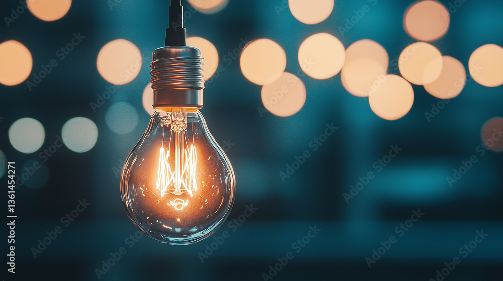 Poster illuminating idea: a captivating close-up showcases a glowing light bulb hanging in the dark, its fi