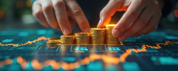 Hands arrange gold coins stacks on digital screen with financial chart. Investment, profit growth, finance, economy, successful business strategy. Market analysis, budget, rising income, stock