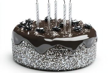 A beautifully decorated chocolate cake with candles and silver embellishments for celebrations