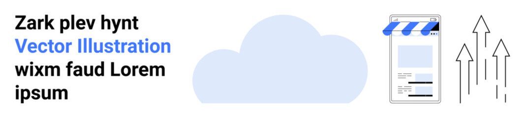Cloud icon, storefront with awning, and upward arrows suggest technology adoption, online presence, and growth. Ideal for e-commerce, cloud computing, financial growth, communication business