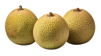 Three ripe bael fruits arranged on a plain black surface