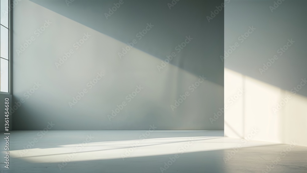 Poster sunlight streams through a large window onto an empty, minimalistic room with neutral tones and soft