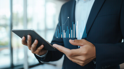 Analyzing Data and Trends: A business professional utilizes a digital tablet to examine projected statistical data, highlighting the integration of technology and business analytics.