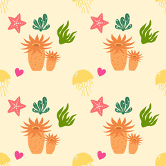 Sea animals seamless pattern background. Marine animals illustration pattern. Sea life background. Perfect for fashion clothes, shirt, fabrics, textiles, wallpaper, decor, print, packaging