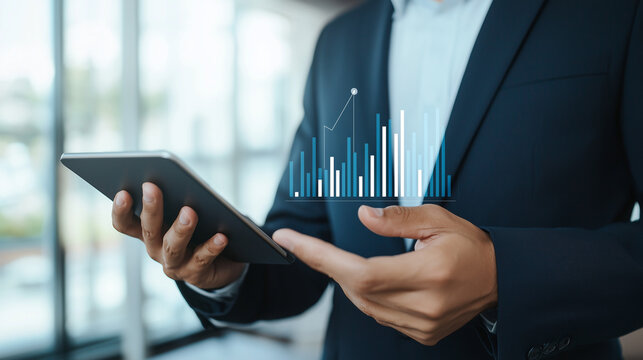 Analyzing Data and Trends: A business professional utilizes a digital tablet to examine projected statistical data, highlighting the integration of technology and business analytics. - Powered by Adobe