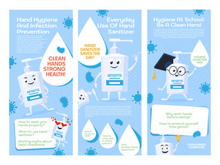 Hygiene guide flyer promoting hand washing and sanitizer use for children at school