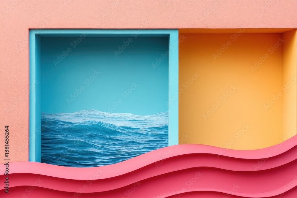 Poster ocean view through window : a vibrant abstract composition featuring a square cut-out revealing a se