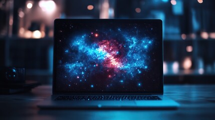 Nighttime Laptop Nebula Display, Cafe Setting