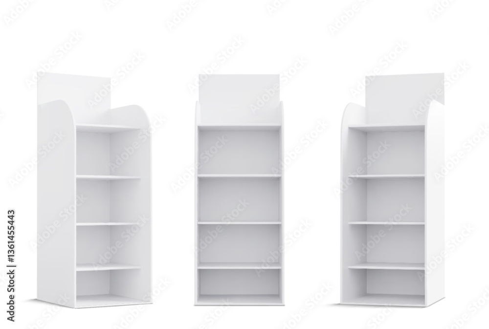 Poster set of blank white cardboard display racks with various view angles. realistic 3d empty tall narrow 