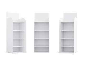 Set of blank white cardboard display racks with various view angles. Realistic 3d empty tall narrow exhibition stands for product showcasing. Promotional pos poi mockup for retail merchandising design