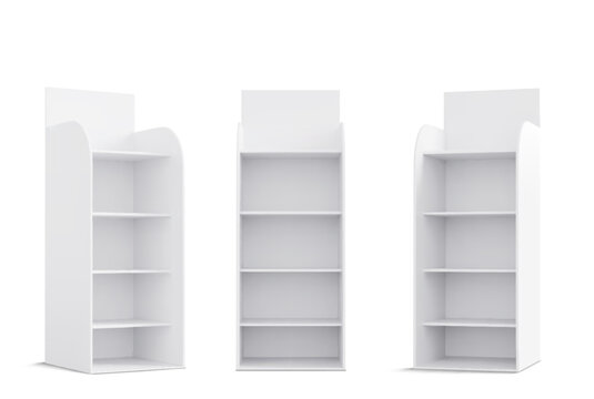 Set of blank white cardboard display racks with various view angles. Realistic 3d empty tall narrow exhibition stands for product showcasing. Promotional pos poi mockup for retail merchandising design