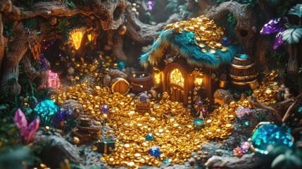 Miniature fairy tale treasure hut nestled amidst a pile of gold coins and jewels. Lush forest backdrop with glowing lights.