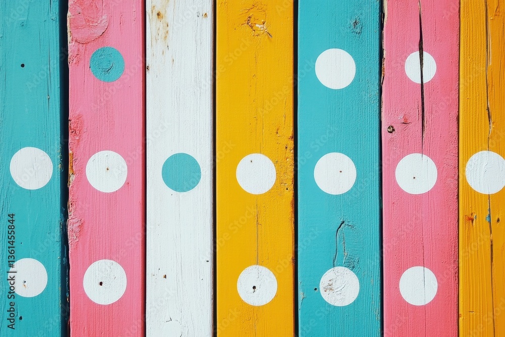 Aufkleber colorful polka dot plank: a vibrant arrangement of painted wooden planks in an eye-catching pattern,