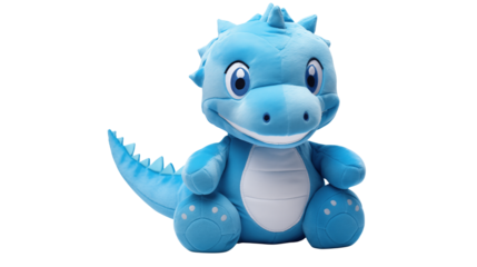 A plush blue dinosaur toy sitting upright on black background