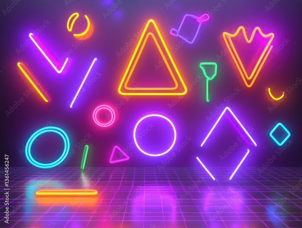 Aufkleber neon geometry: a vibrant array of geometric shapes glows in a futuristic display, evoking a sense of