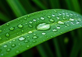 Water droplets on green leaf with blurred background.