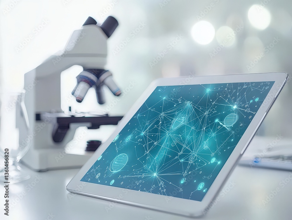 Poster tablet displaying complex network data on screen, scientific microscope blurred in background. ideal