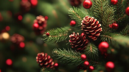 Festive Evergreen: A close-up view of an evergreen tree adorned with festive decorations, showcasing the beauty and warmth of the holiday season.
