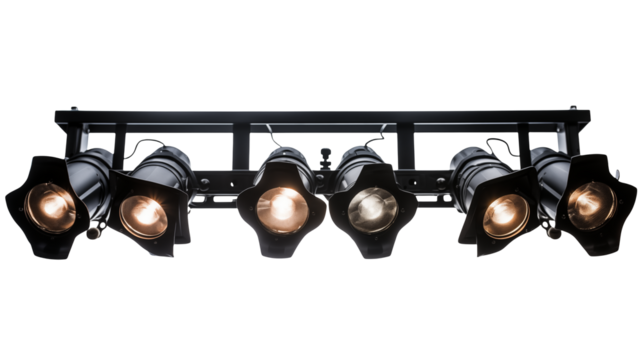 A row of stage lights illuminating a dark performance space