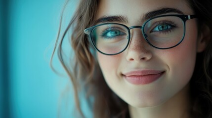 Fototapeta premium Portrait of Caucasian female of 20 years old looking at the camera. Smiling young woman wearing stylish optical eyewear with smart reflection . Women's eye glasses with diopters, vision correction